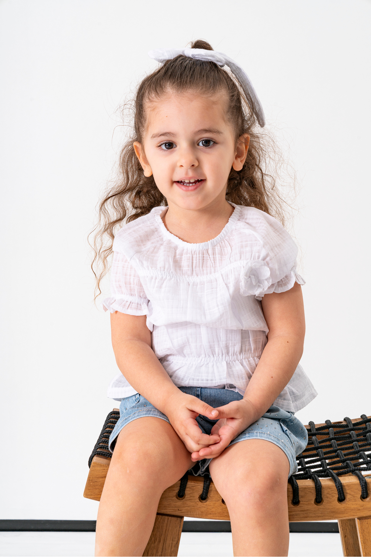 2pcs girls set with summer blouse, denim shorts, hairpin accessories