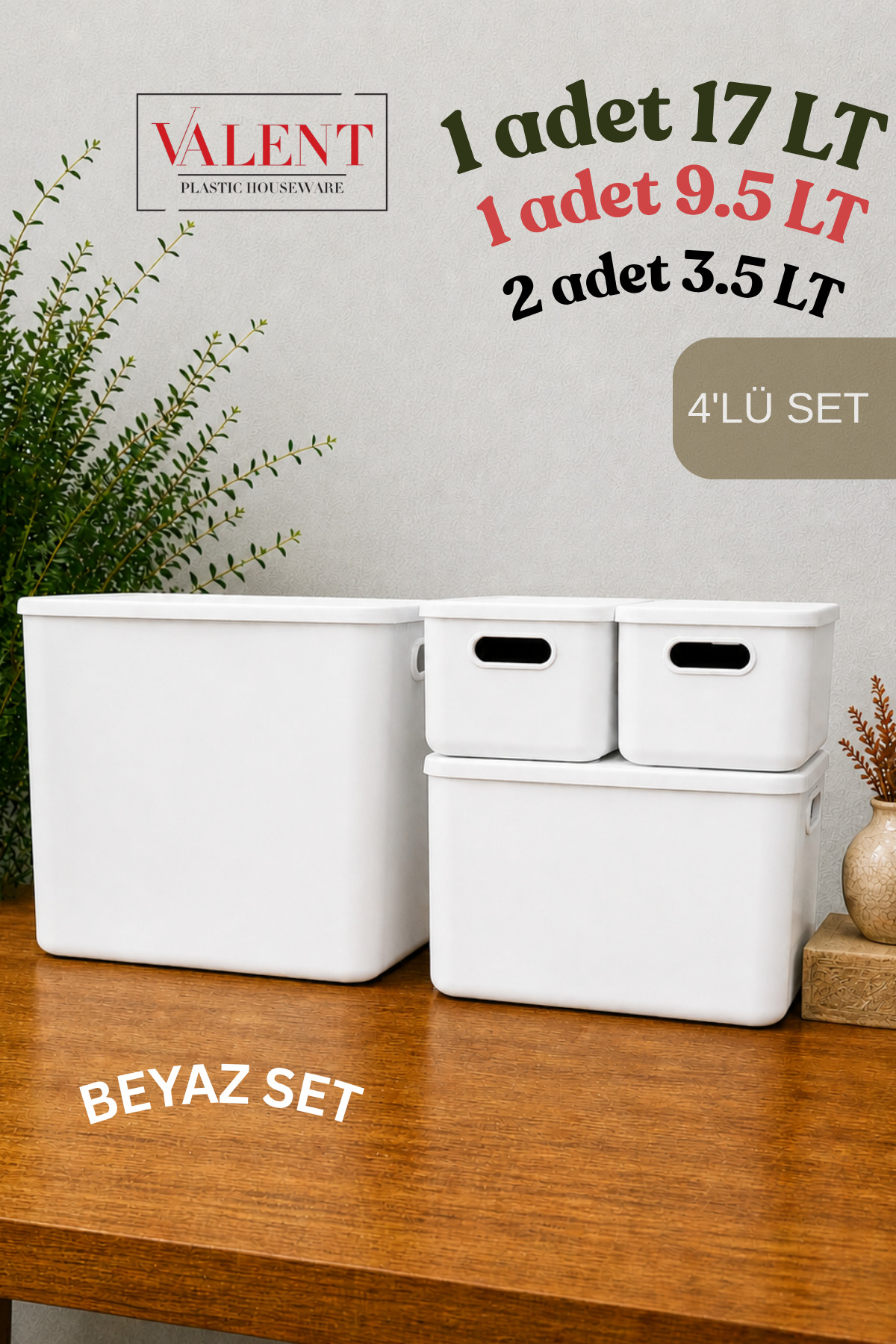 VALENT Nero 4'Lü Set Çok Amaçlı Kapaklı Organizer Kutu Banyo