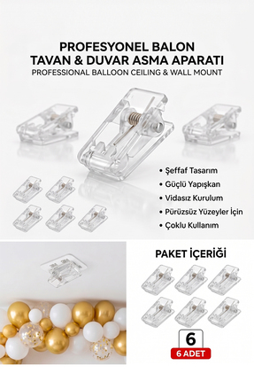 BeySüS Balon Tavan ve Duvar Asma Aparatı 12 Adet Şeffaf İz Bırakmayan