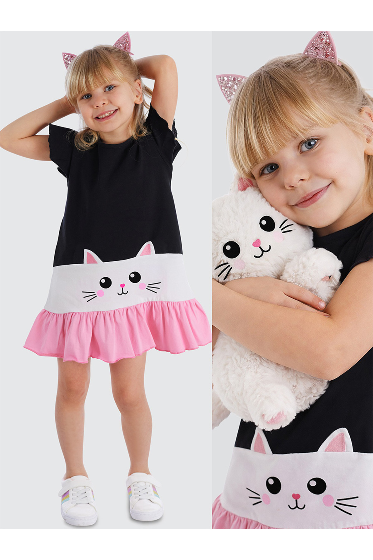 White Cat Frilly Girl Black Summer Dress