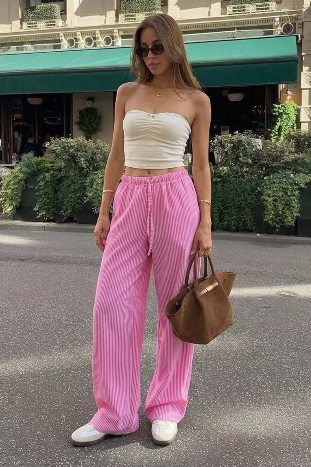 Adjustable Wide Leg Striped Pants with Fuchsia Waist MG2087