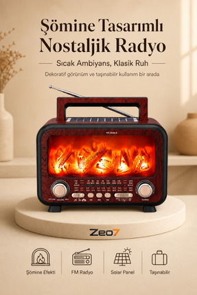 Zeo7 Şömineli Nostaljik Radyo, Güneş Enerjili, Bluetooth, USB, TF Kart, AUX v...