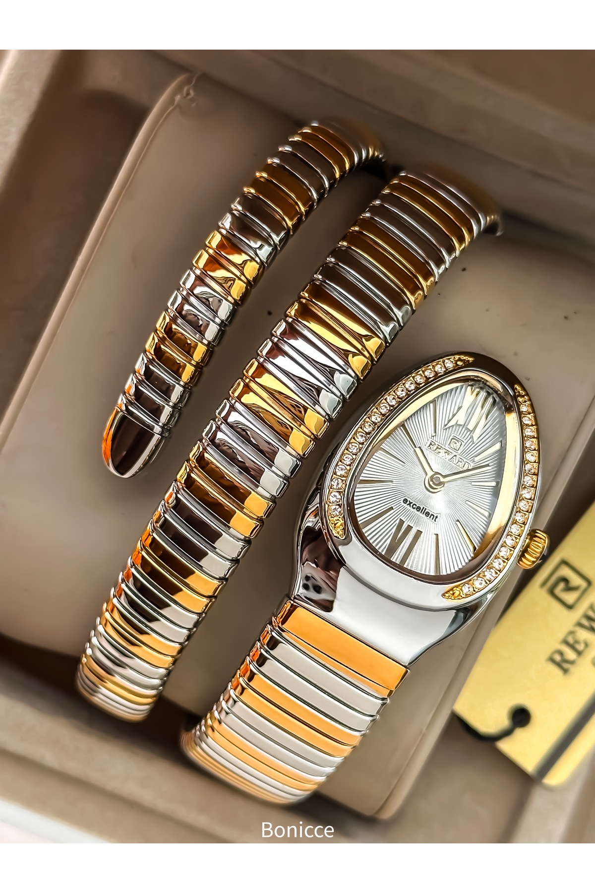Stone Snake Clock from Thick to Thin (2 Turns),Polite Case (24 Diameter) ,3 ATM Gold/Grey STEEL LANYARD