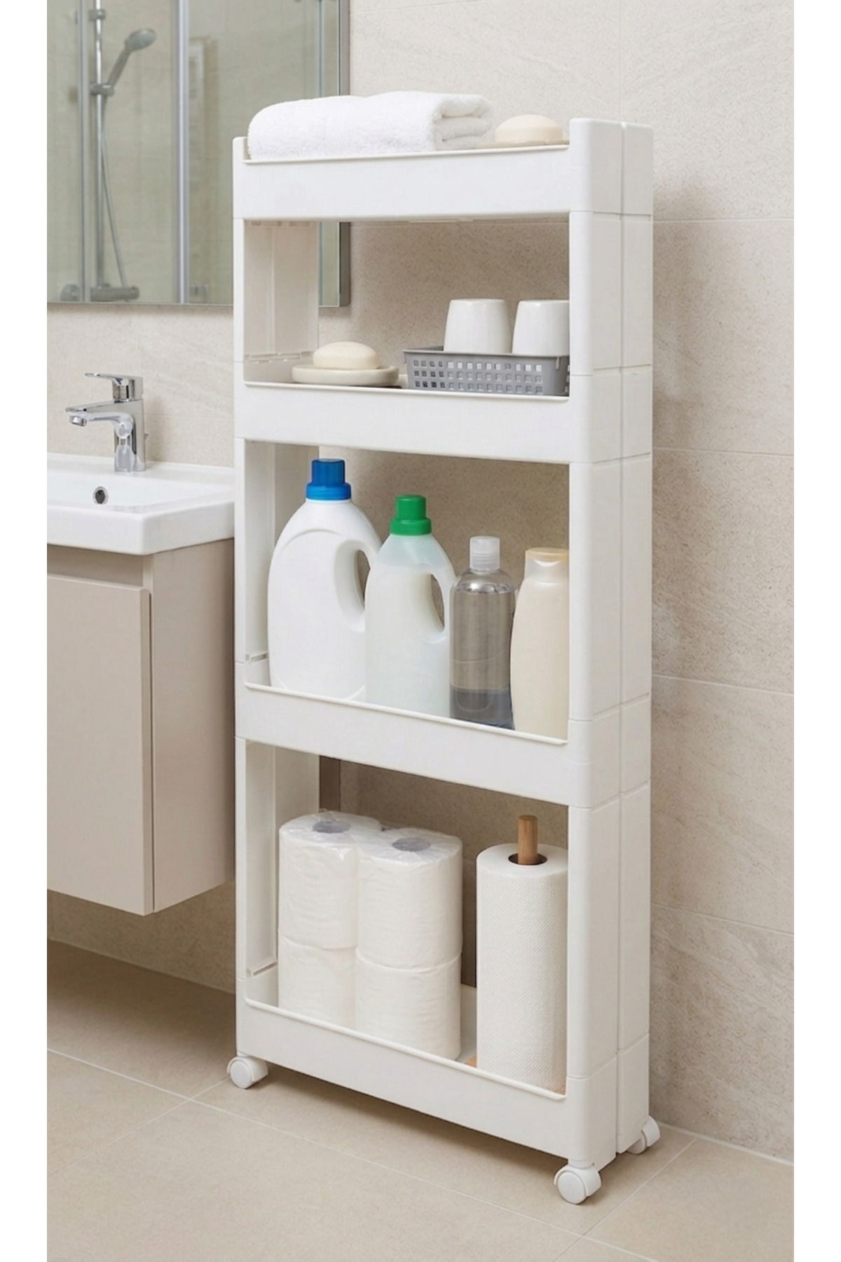 4-TIER WHEELED SHELVING UNIT BATHROOM SHELF ORGANIZER(WHITE)