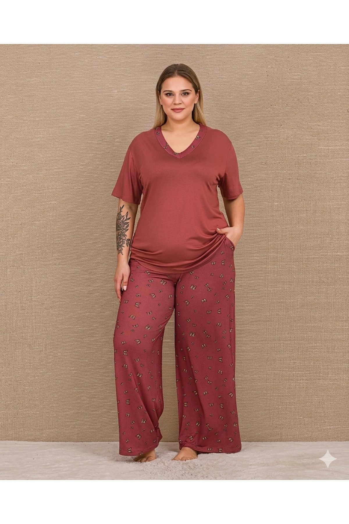 Viselya Kısa Kollu V Yakalı Battal Beden Pijama Takımı