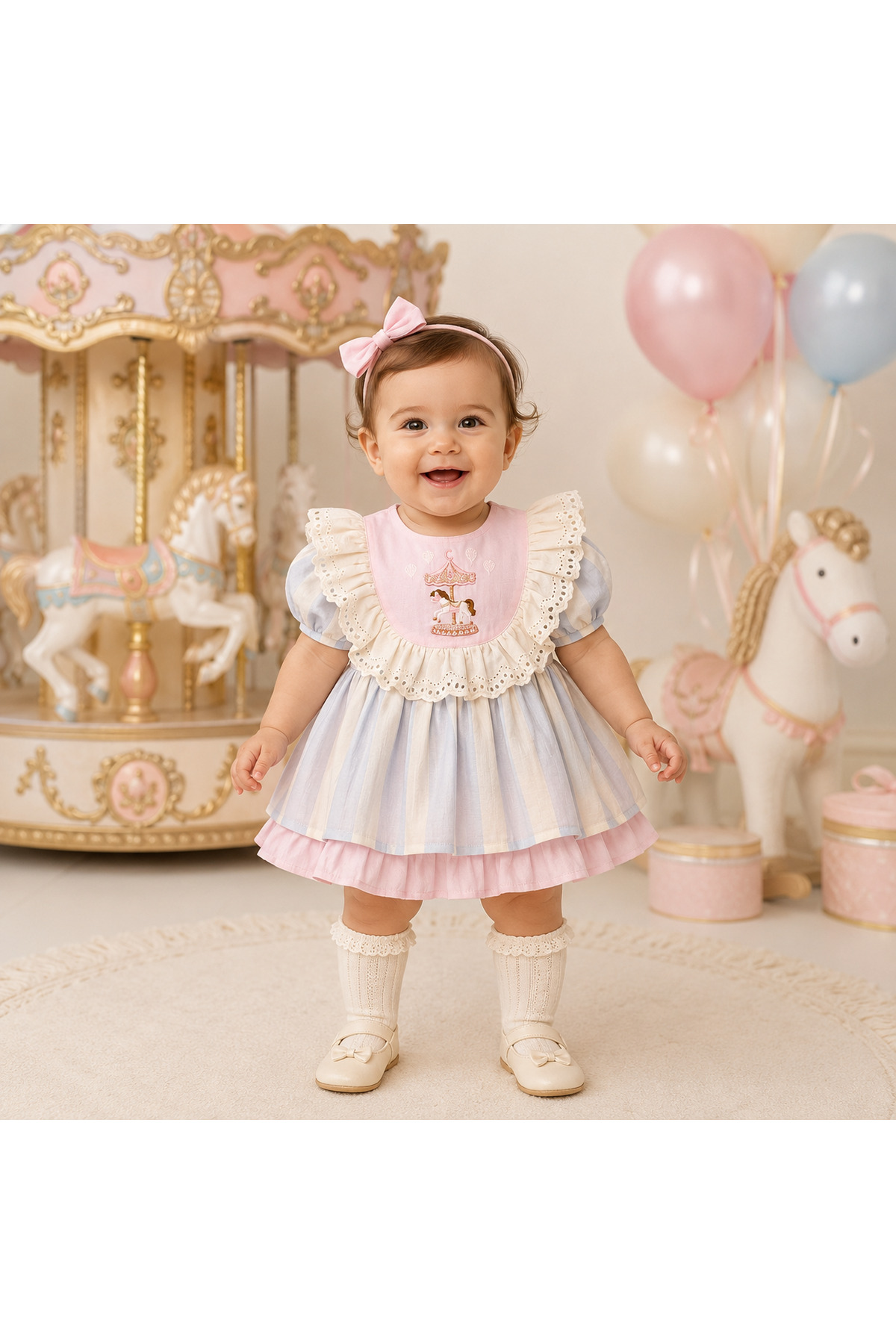 LisaLoom Kız Bebek Pembe Mavi Çizgili Fisto Detaylı Nakışlı Bayramlık Elbise - Atlı Karınca Temalı Tasarım