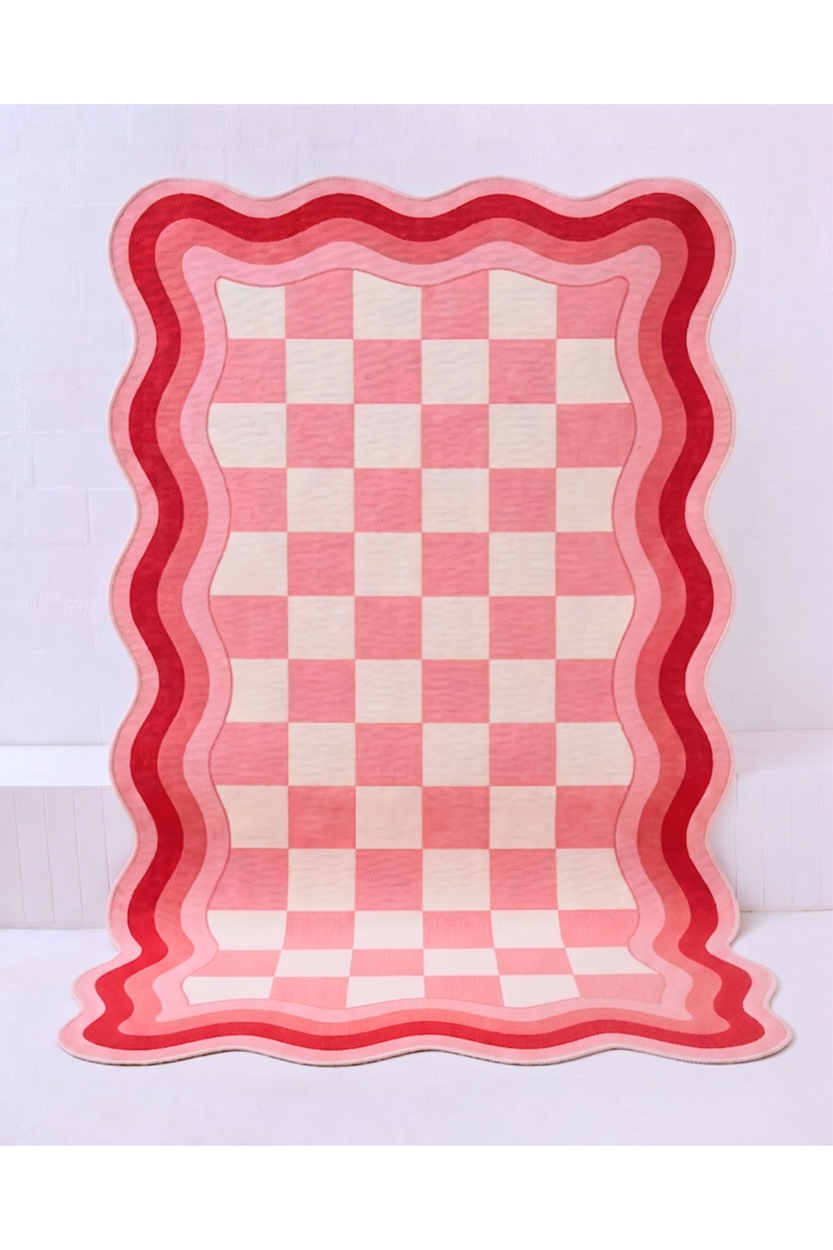 SDT Retro Checkered and Wavy Pink-Cream Woven Base Decorative Carpet sdt690