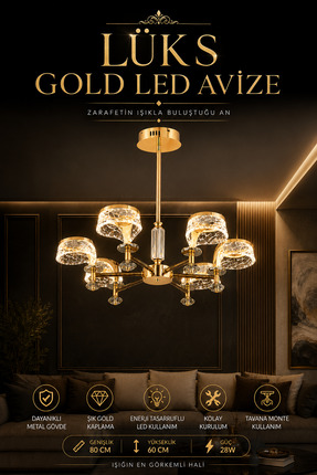 Elvora Home Modern (PREMİUM) LED Gold Eskitme 6’lı Sarkıt Cam Avize Lüks Salo...