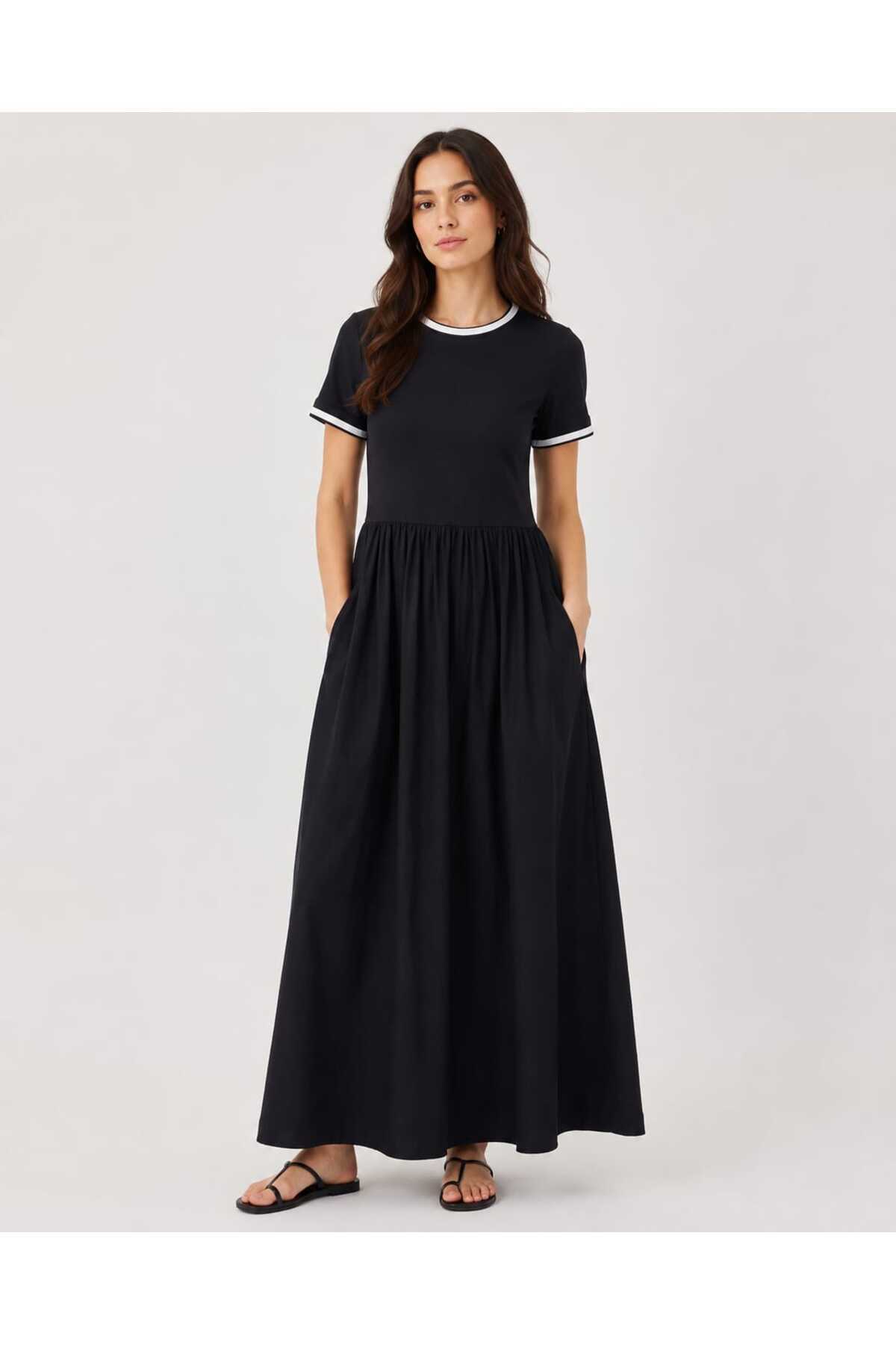 Neon Women's Pocket Detailed White Striped Black Summer Casual Stylish Long Dress (Xs/S/M/L/Xl)