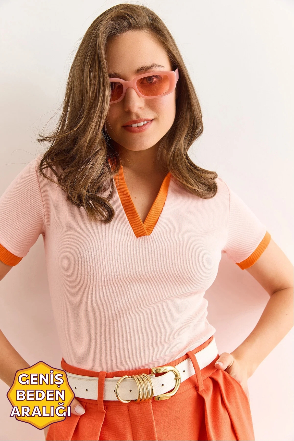 Women's Salmon Orange Polo Collar Color Detailed Stretchy Cotton BlouseBLZ-19002920