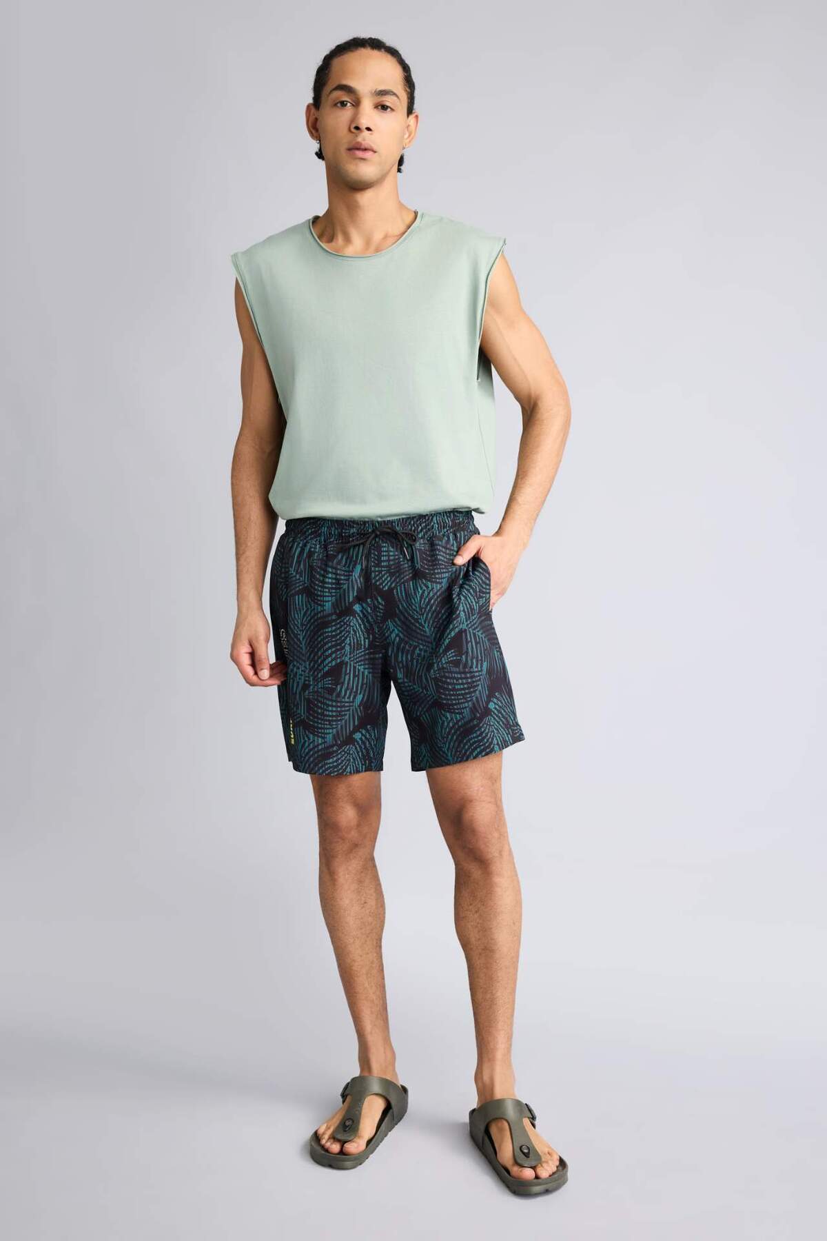 Defacto Regular Fit Printed Flexible Textured Mesh Lined Short Length Sports Swim Shorts A4185Ax23Hs