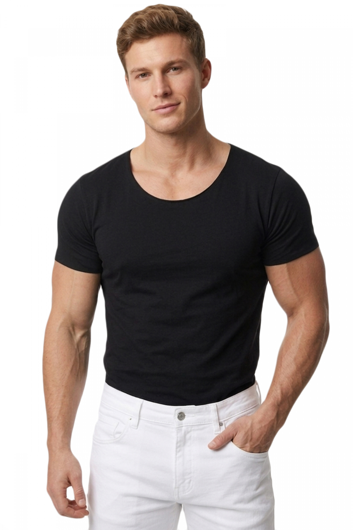 DeepSEA Erkek Siyah Slim Fit %90 Pamuk Açık Yaka Oval Kesim Likralı Basic Tişört 1801199 görsel 2