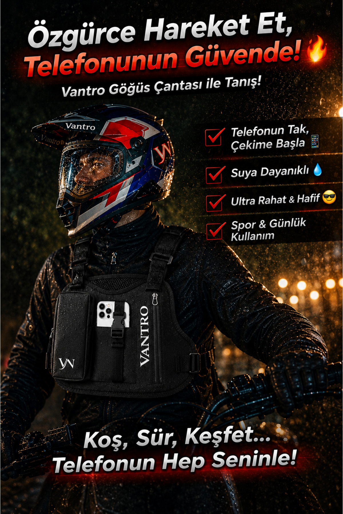 vantro Telefon Tutuculu Motorcu Göğüs Çantası – Moto Vlog, Spor ve Video Çekimi İçin