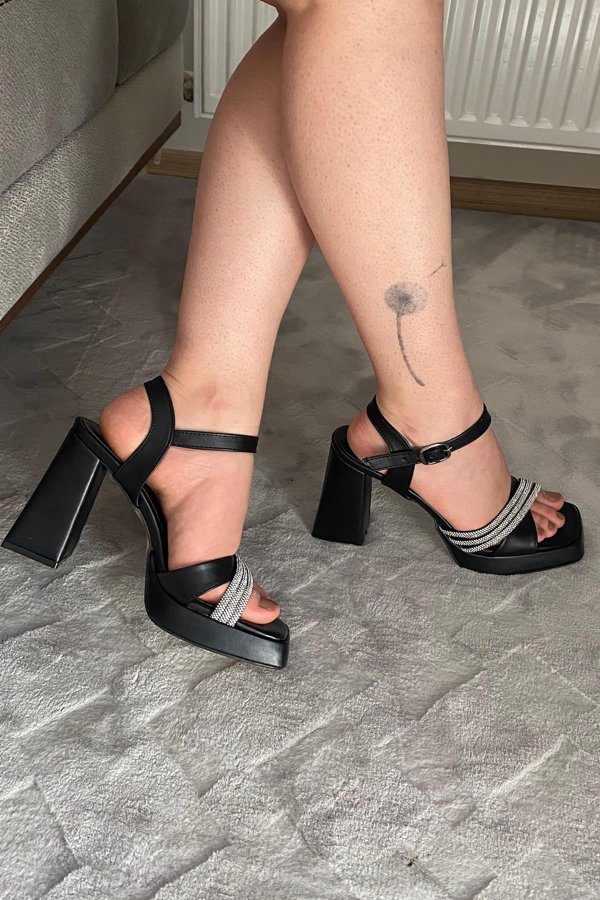 Preshley Kadın Ponti Siyah Çapraz Bantlı Taşlı 10 cm Platfom Topuklu Aykkabı görsel 4