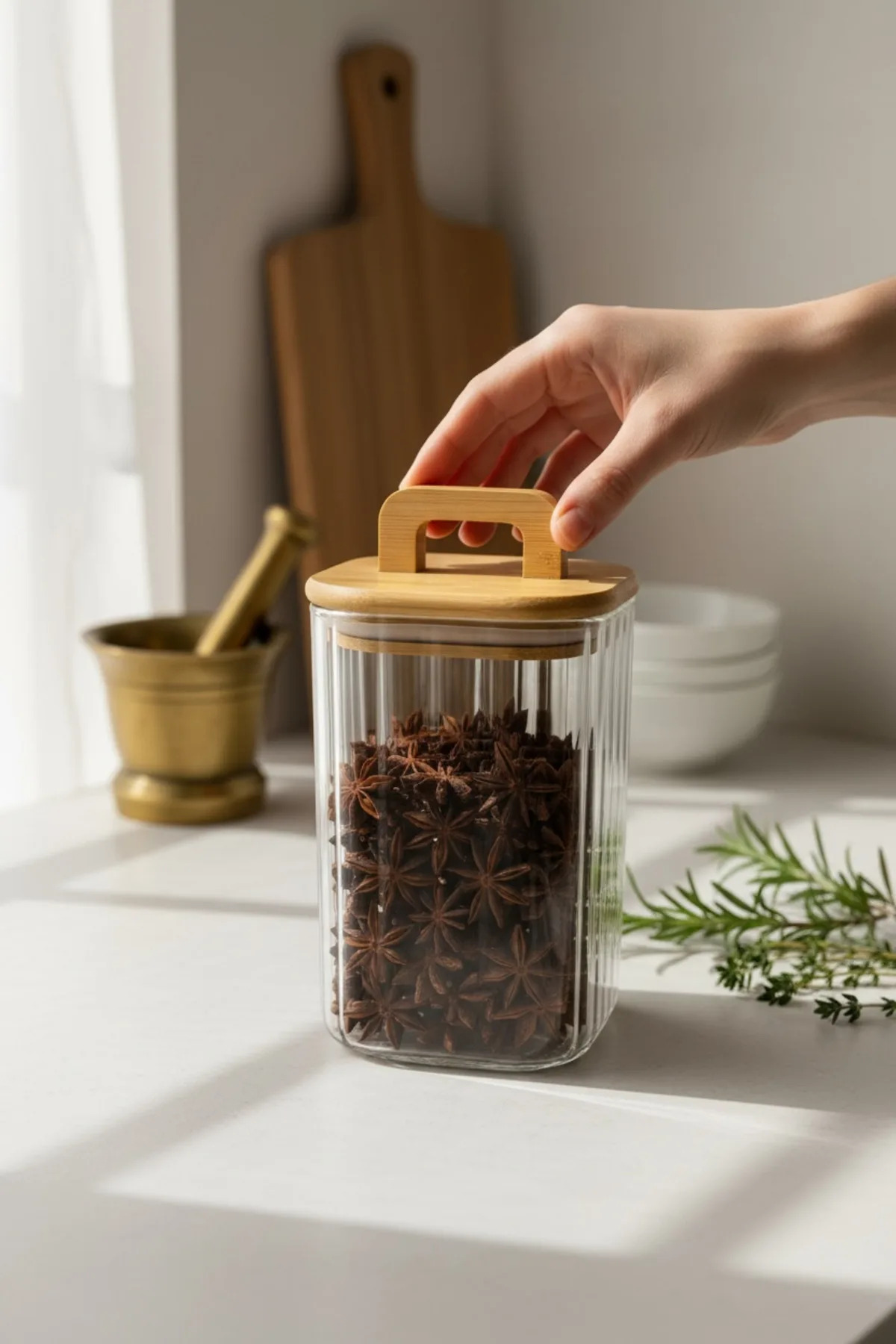 Bambu Kapaklı 1100 ml Line (Çizgili) Cam Saklama Kavanozu