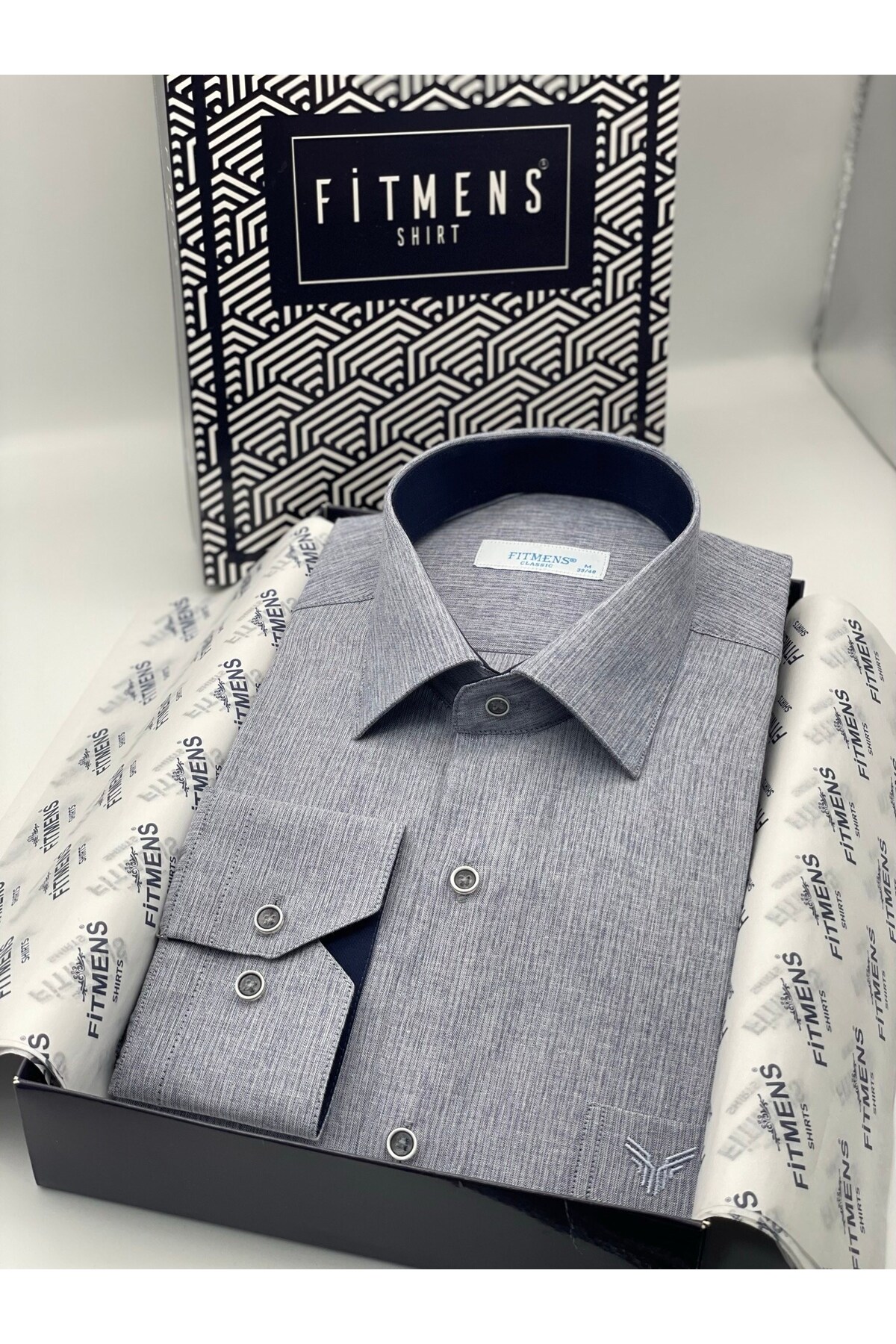 Classic Long Sleeve Linen Cotton Men's Shirt with Gift Box FS-001261-Navy Blue