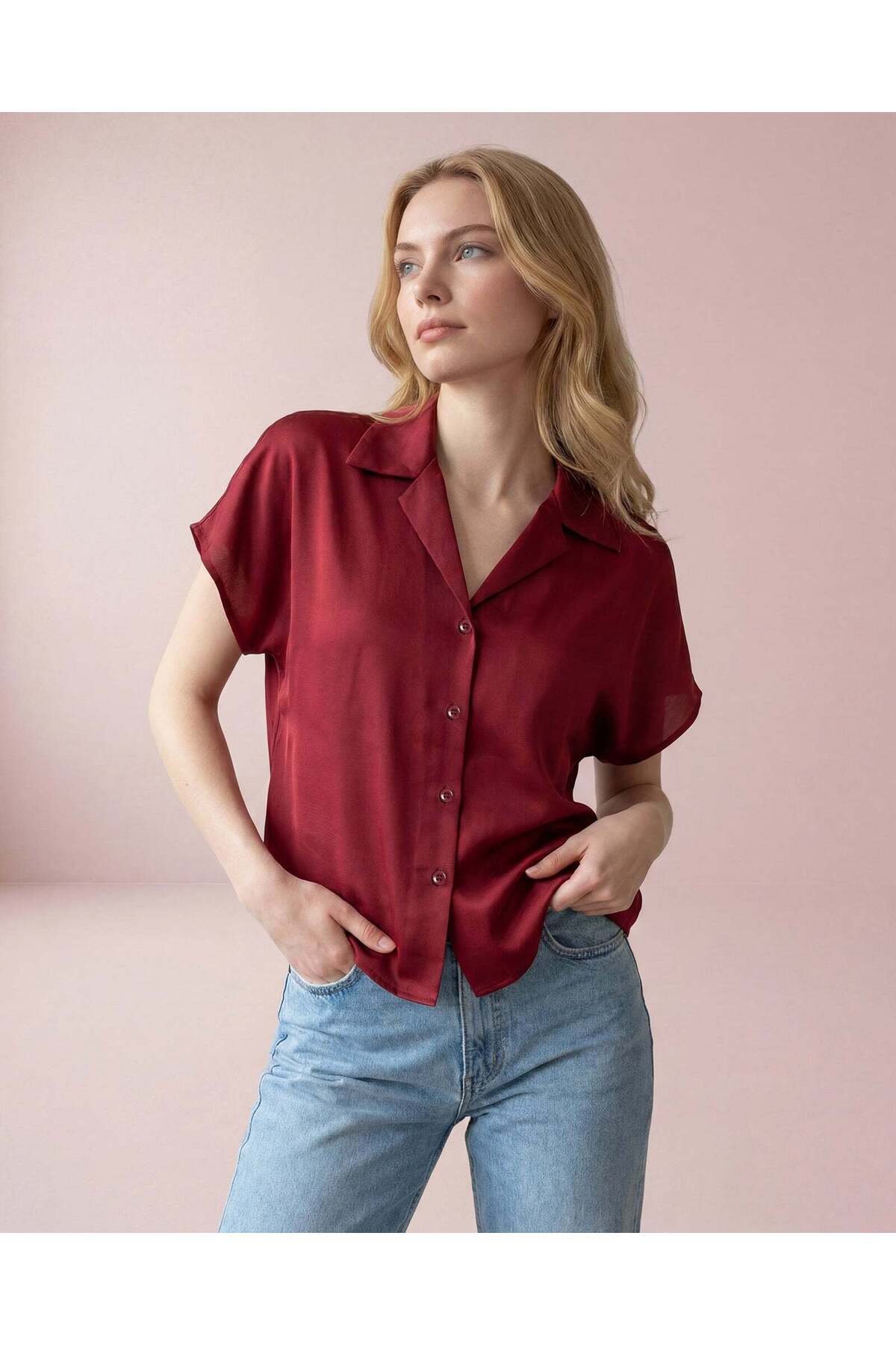 REDTAG Women Red Collared Short Sleeve Shirt