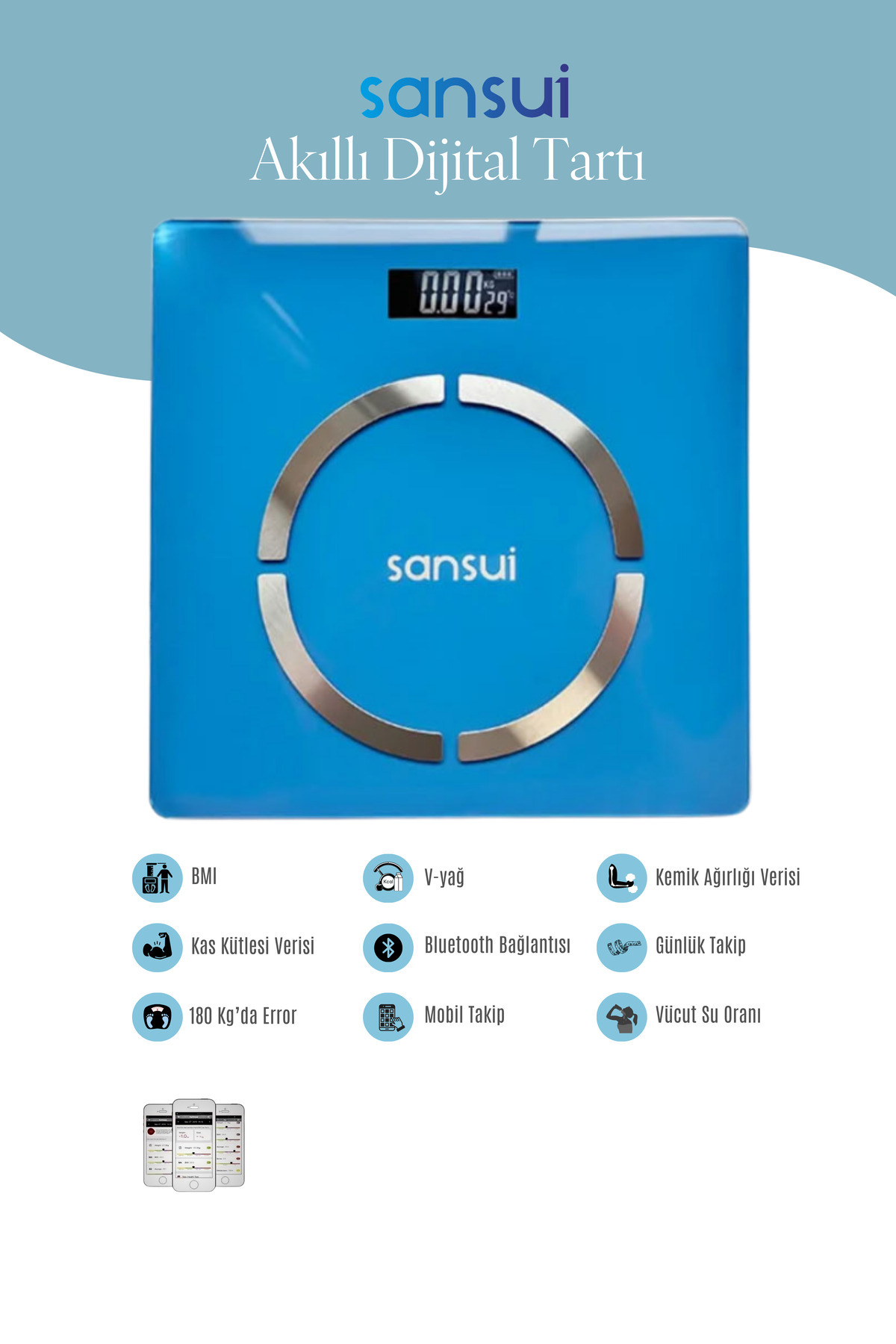 SANSUI Dijital Akıllı Baskül Mavi - Fiyatı, Yorumları