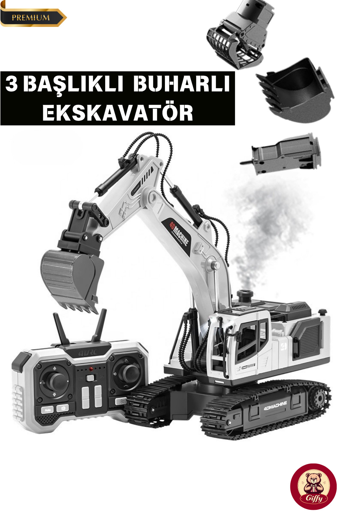 Toy Remote Control Rechargeable Steam Excavator 3 Heads 360° Rotating Crawler with LED Light and Sound