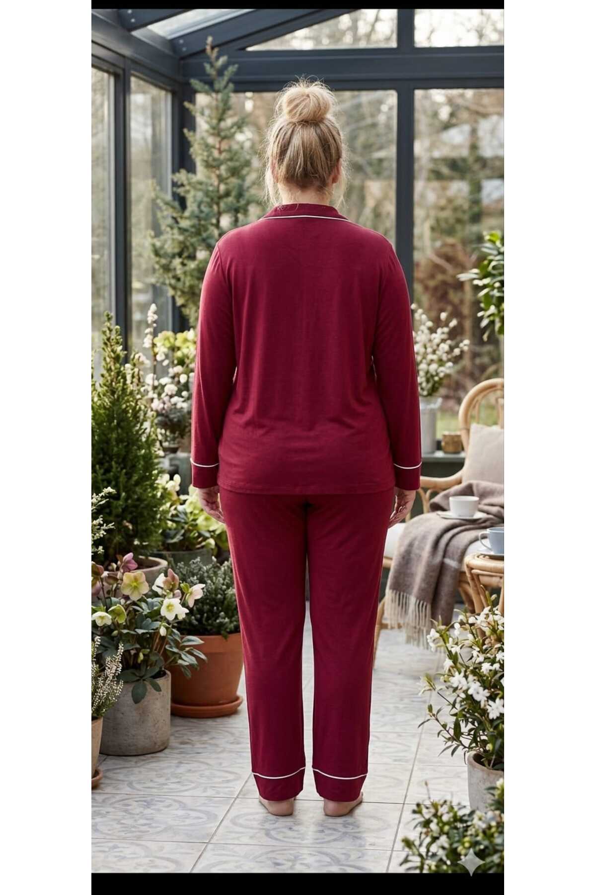 pijamacity Büyük Beden Kadın Bordo Uzun Kollu Pamuklu Düğmeli Biyeli Pijama Takımı görsel 2