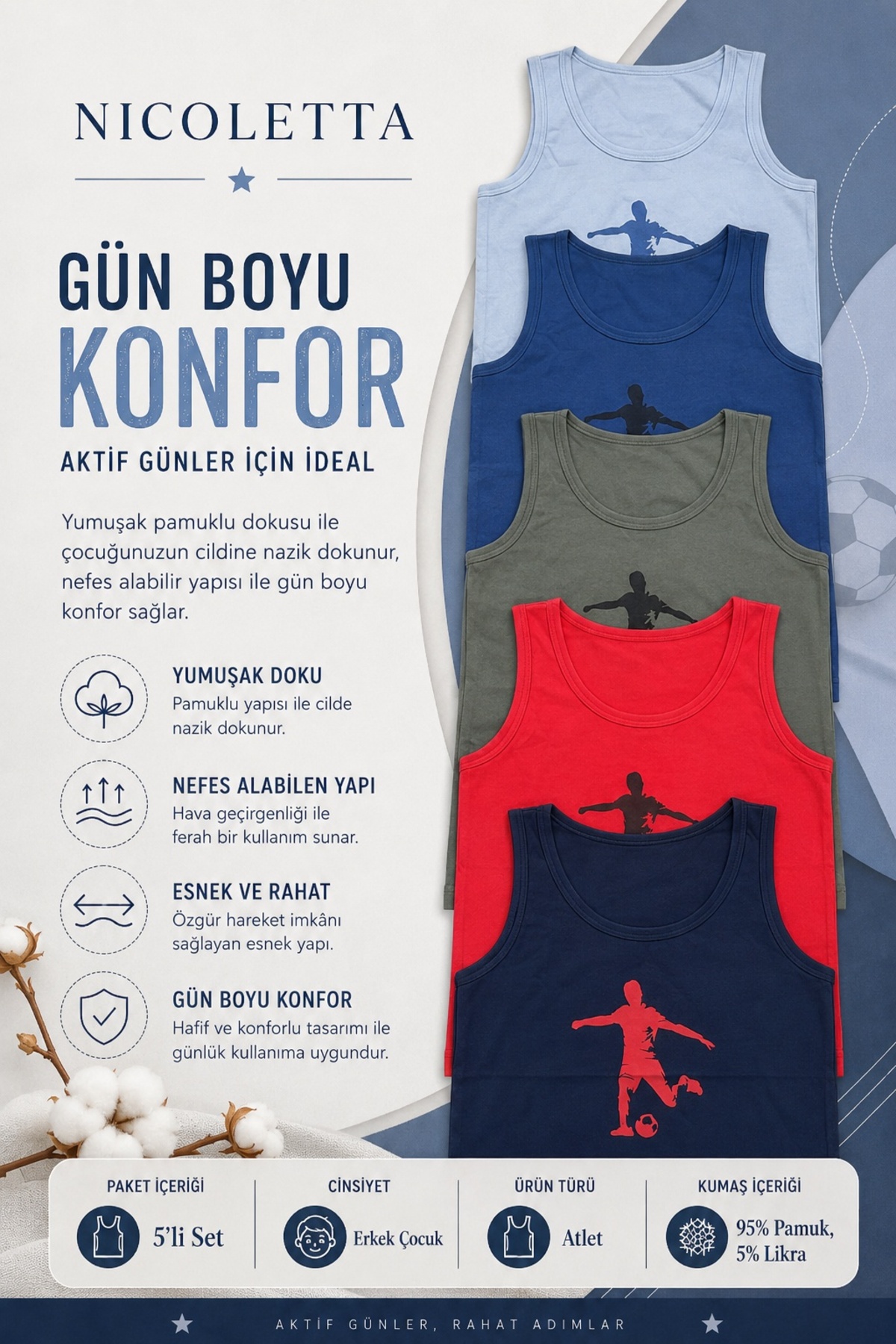 Boys Singlet Wide Strap Printed Footballer Cotton Lycra Waiter T-Shirt