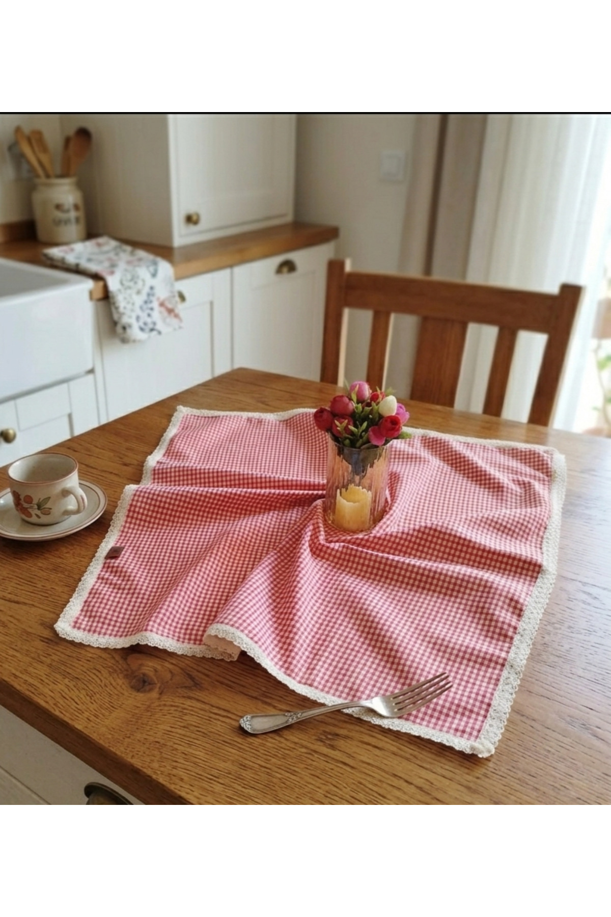 Organic Raw Linen Red Poti Plaid Guipure Tablecloth