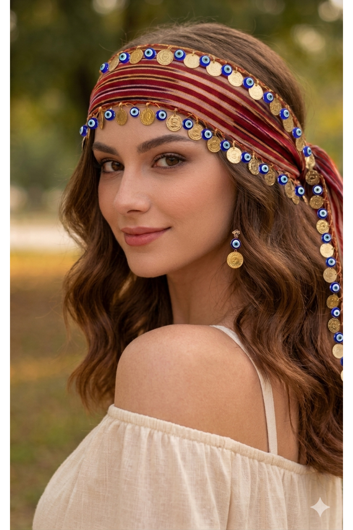 ASYA PAZARLAMA Karadeniz Bandana, Dolu Nazar Boncuklu Ve Liralı Keşan, Fular, Şal, Saç Bandı, Bandana, Puşi