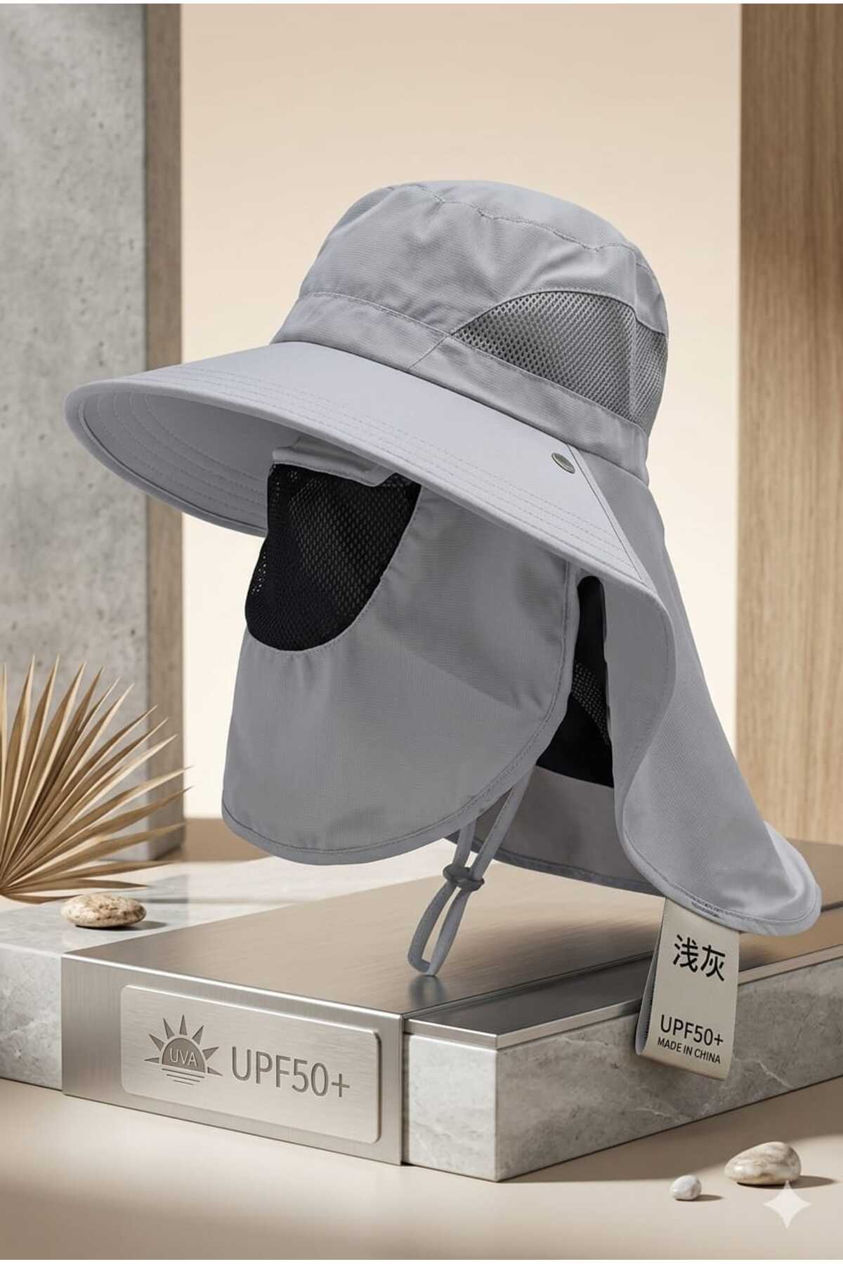 Wide-brimmed Bucket Hat with Sunscreen Breathable Mask and Neck Cover Grey
