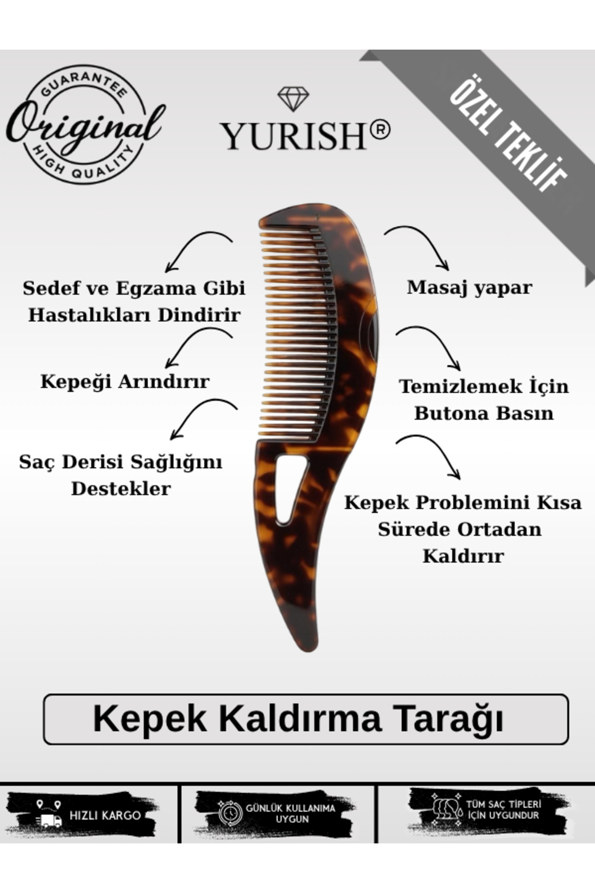 YURISH Kepek Kaldırma & Anti-Statik Masaj Fırçası | Kendi Kendini Temizleme Özelliği — قهوه‌ای yurıshkepekkaldırmatarağı