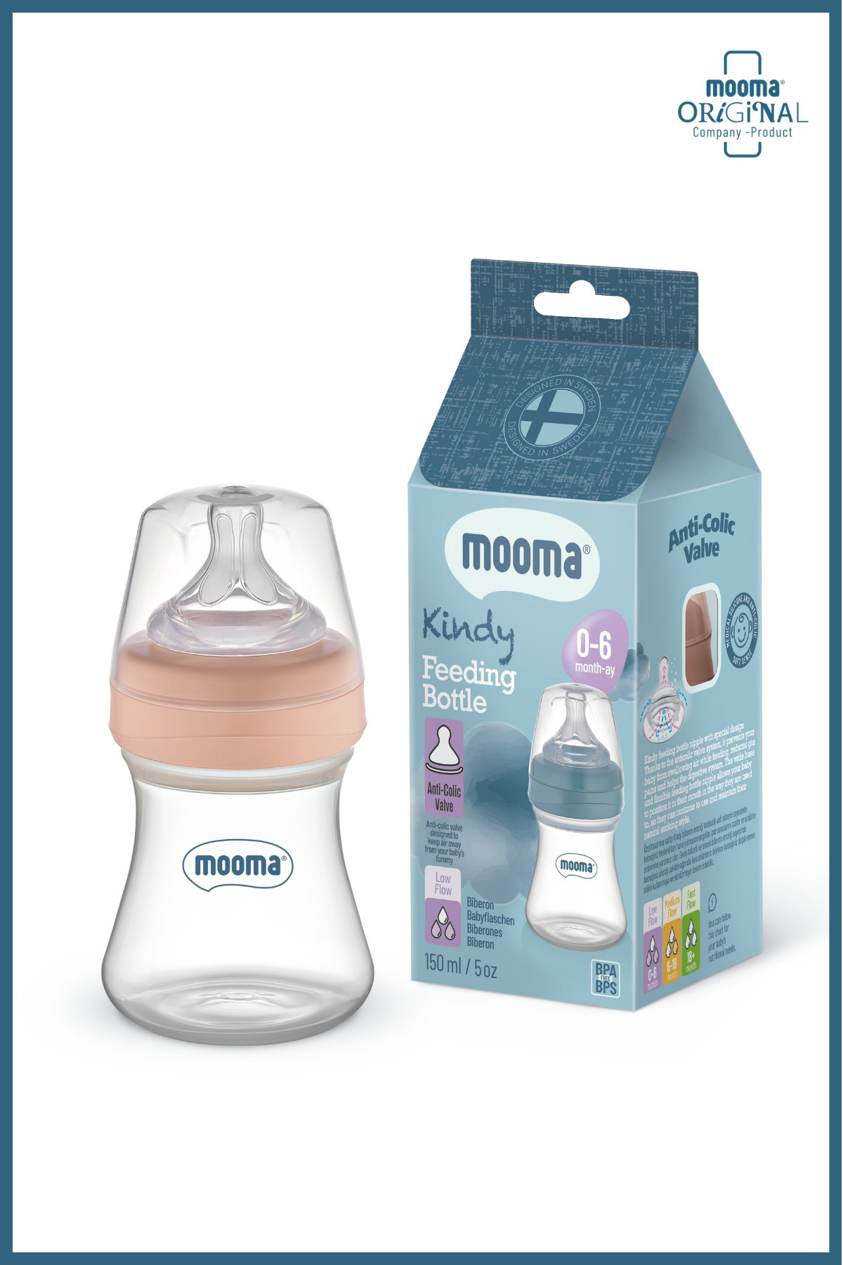 MOOMA Kindy Doğal Tepkili Antikolik PP Biberon 150 ml – 0–6 Ay (Yavaş Akış) – Old Rose