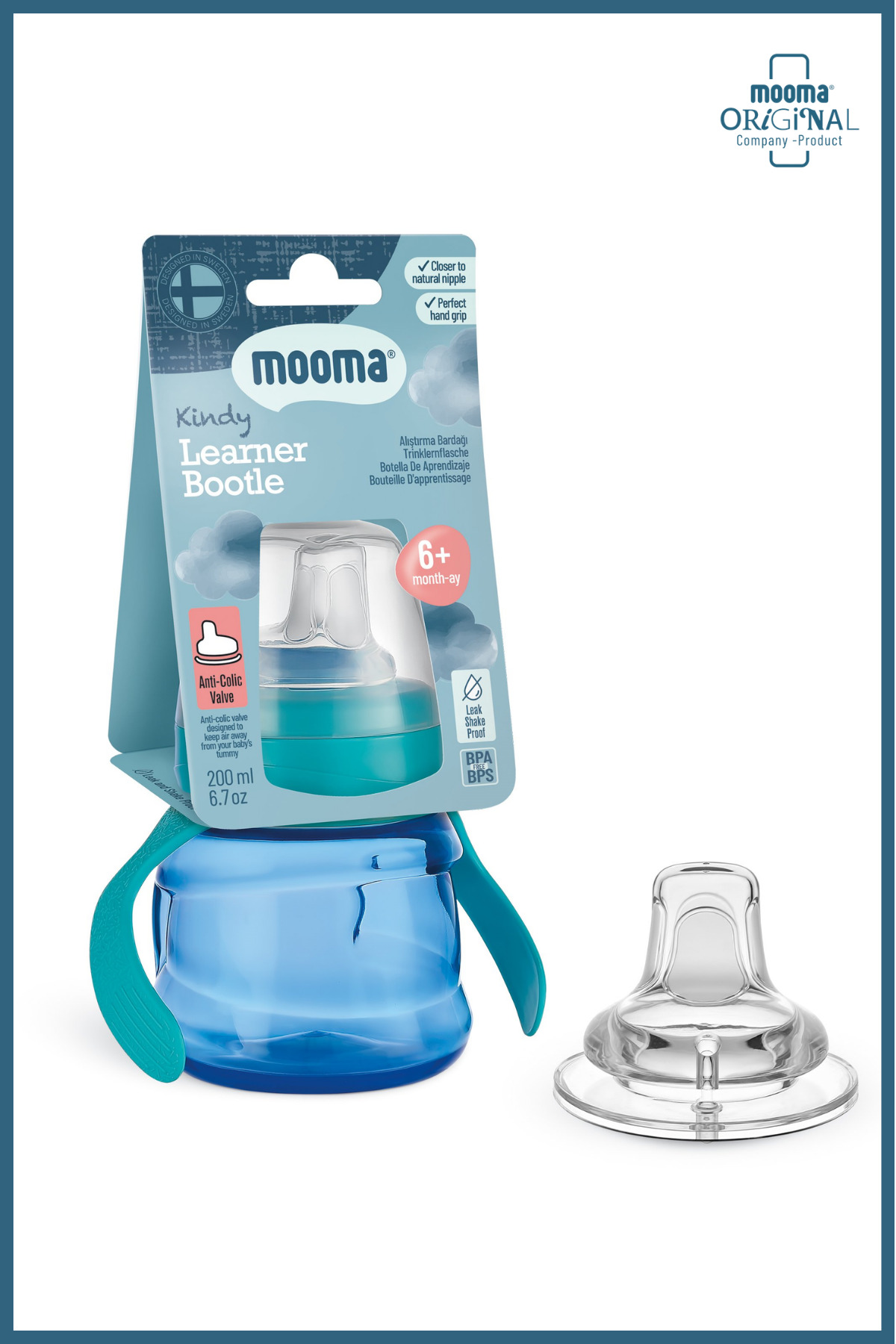 MOOMA Kindy Damlatmaz Eğitici Su Alıştırma Bardağı 200 ml 6 Ay+ Aqua Blue | BPA & BPS İçermez