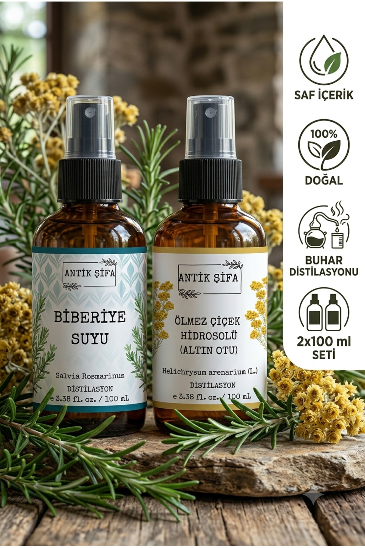 Biberiye Suyu Ve Ölmez Çiçek Suyu Seti - Gergin Hidrosolü Seti (2X100ML) — biberiyeölmezçiçekset1