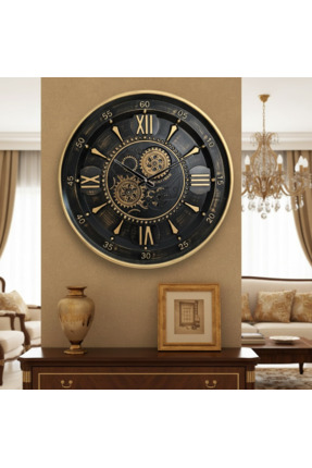 Evdeki Mağaza 60x60cm Evdeki Metal Çarklı Saat-Lyon Gold-Altın Eskitme