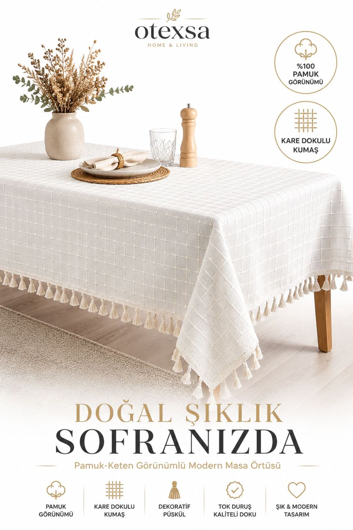 Cotton Linen Square Pattern Tablecloth with Tassels Stylish Modern Design