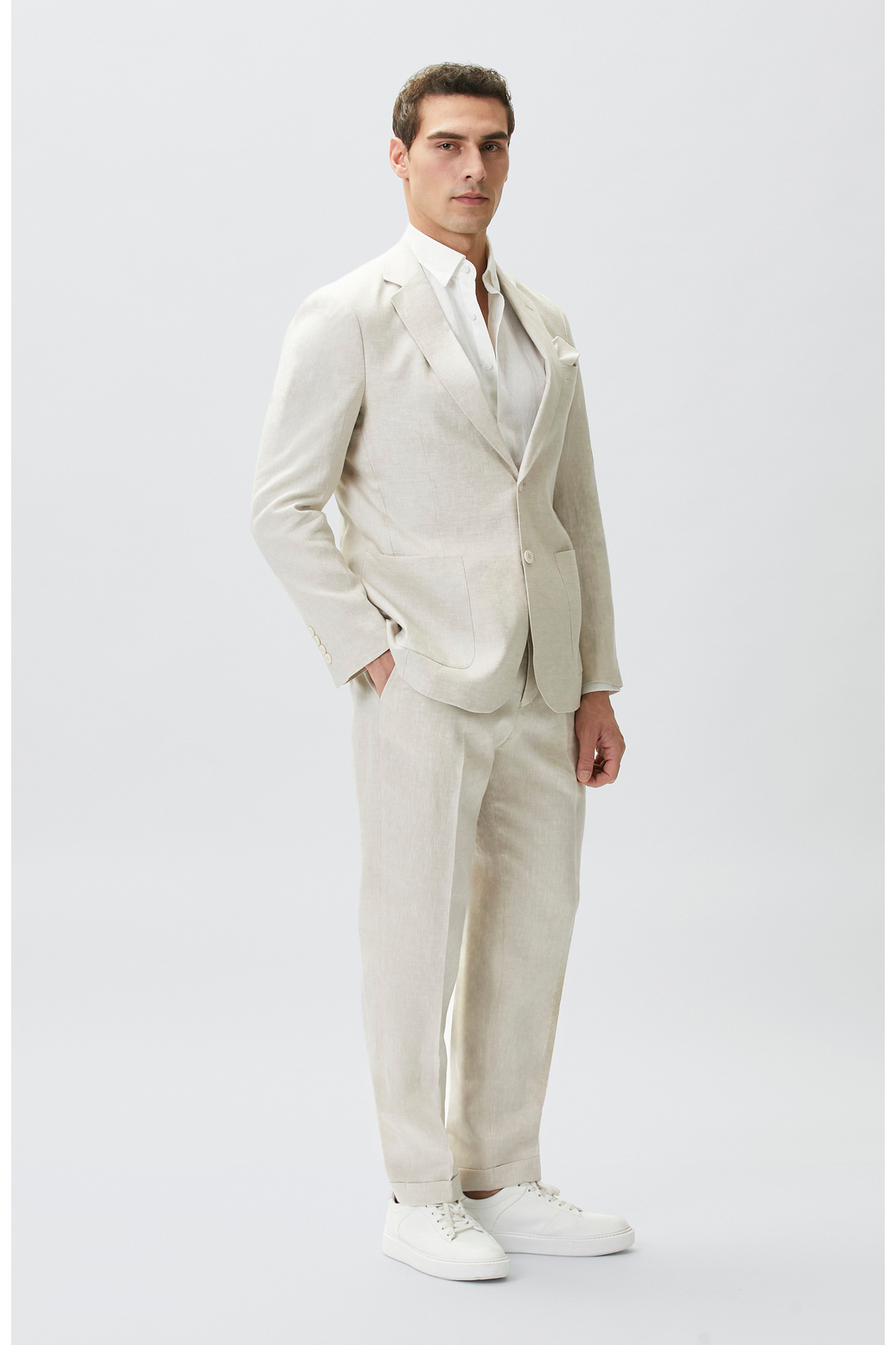 Network Bej Slim Fit Keten Takım görsel 4