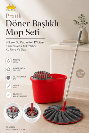 MissClean Pratik Döner Başlıklı Mop Seti Yüksek Su Kapasiteli 17 Litre Kırmız...