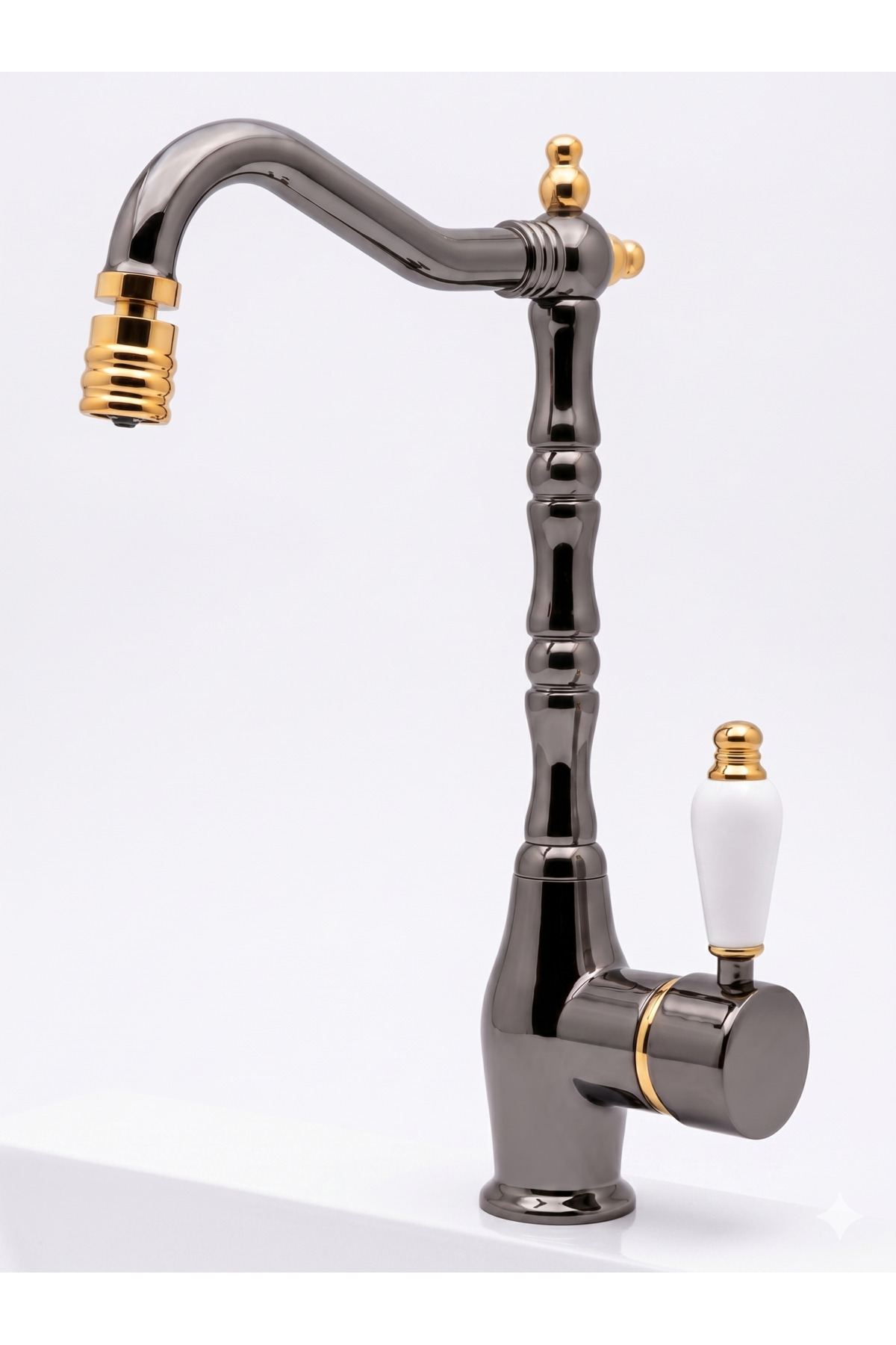 Rustic Vitange Kitchen Sink Faucet- Zen Design Brass- 360° Moving Head- WHITE Porcelain Handle