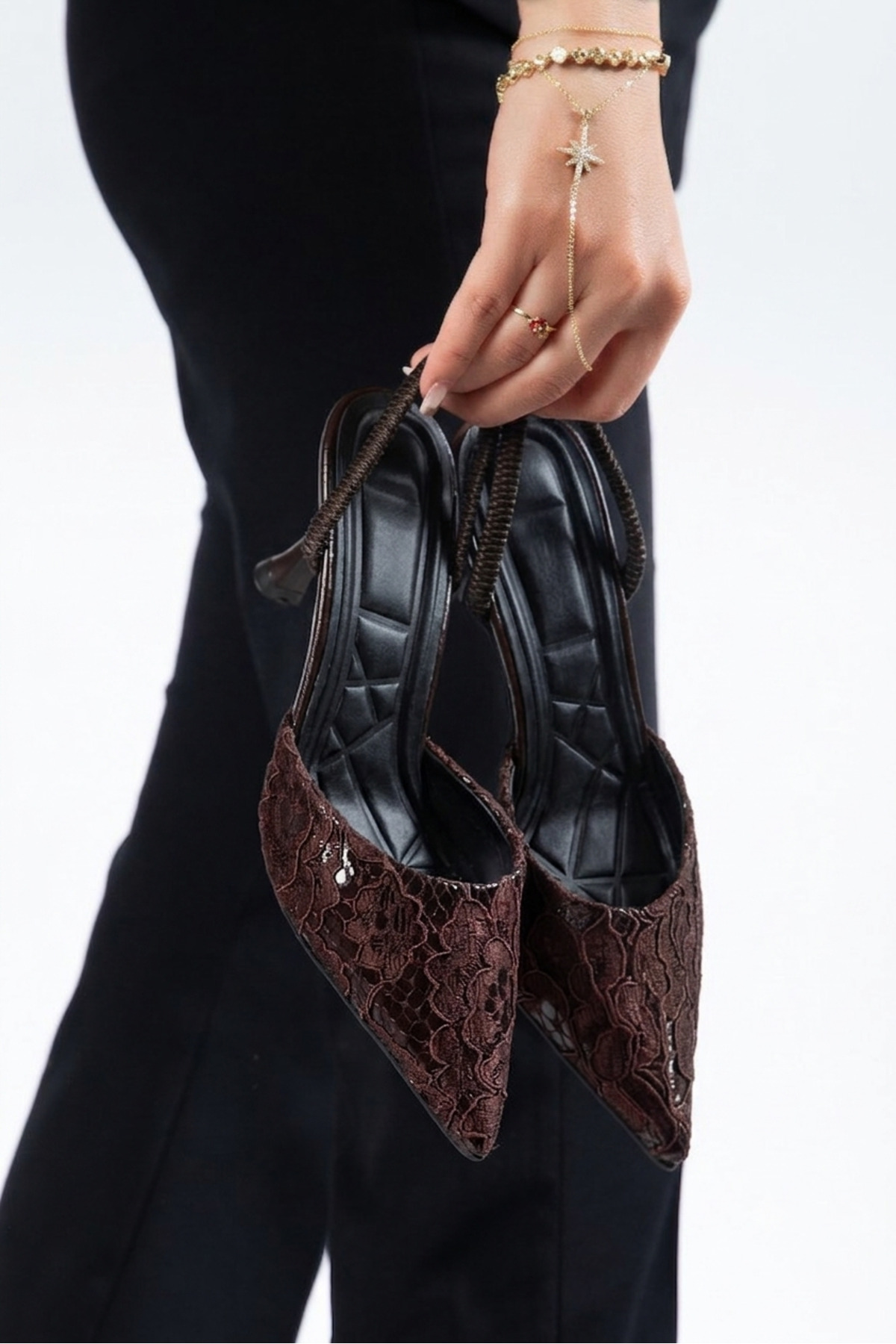 Lace-up fabric elastic backed thin heels with brown color