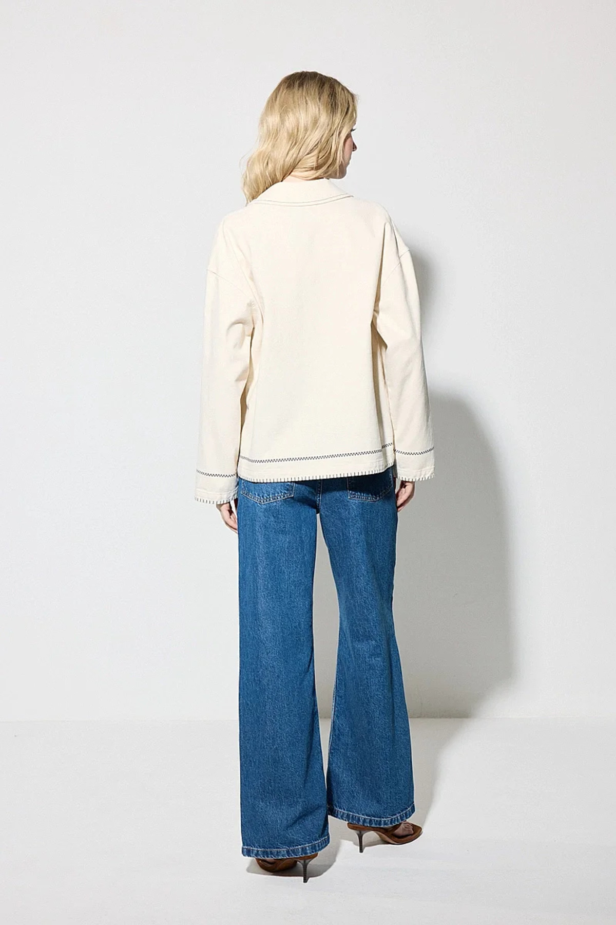 Gusto Nakışlı Kanvas Denim Ceket - Ekru görsel 7