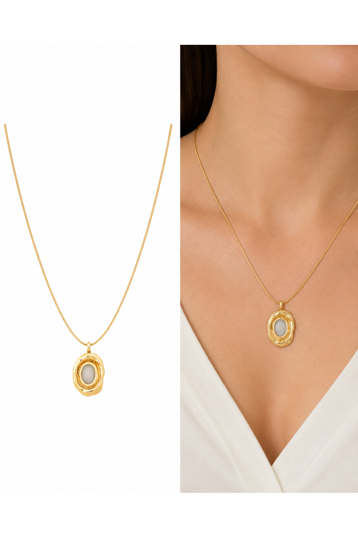 Minimal Sedefli Oval Plaka Charm Çelik Zincirli 45 cm Yazlık Gold Kolye
