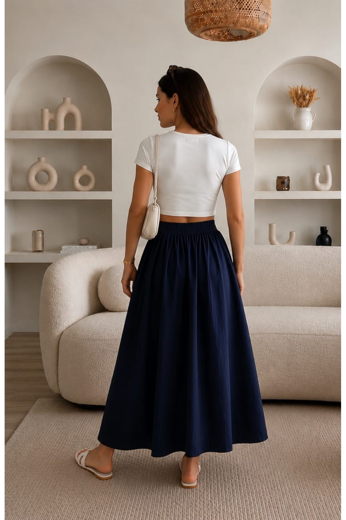 Gülmude  Çift Cepli Poplin Kumaş Beli Lastikli İç Göstermez Maxi Etek (90 CM) - Görsel 5