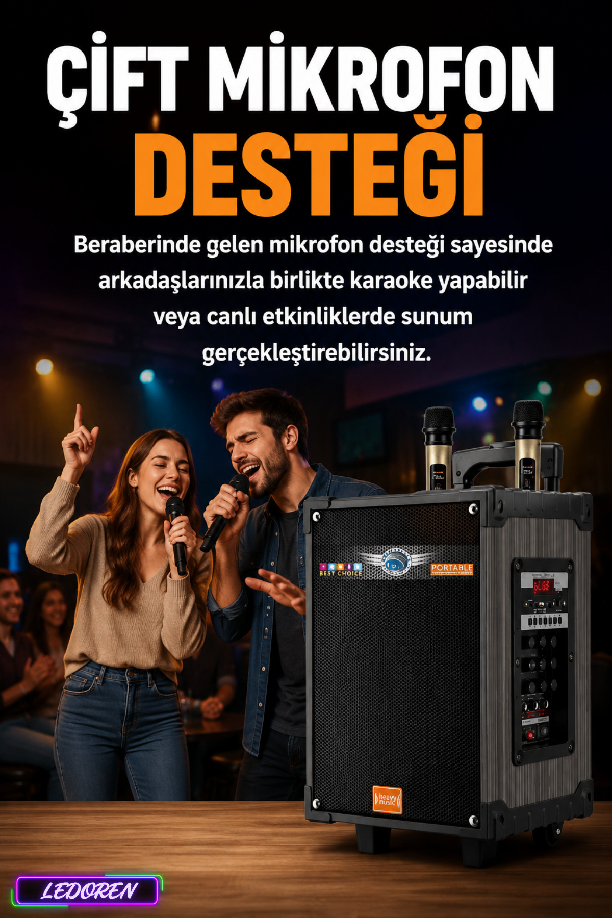 L'eDoren Lt-910 80 Watt Şarjlı Çift Mikrofonlu Taşınabilir Karaoke