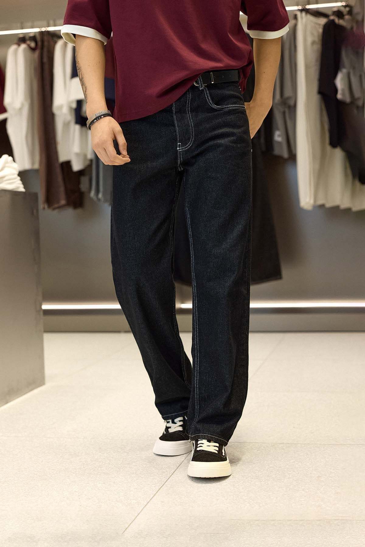 ablukaonline Erkek Baggy Fit Kontrast Dikişli Jean Pantolon Siyah görsel 3