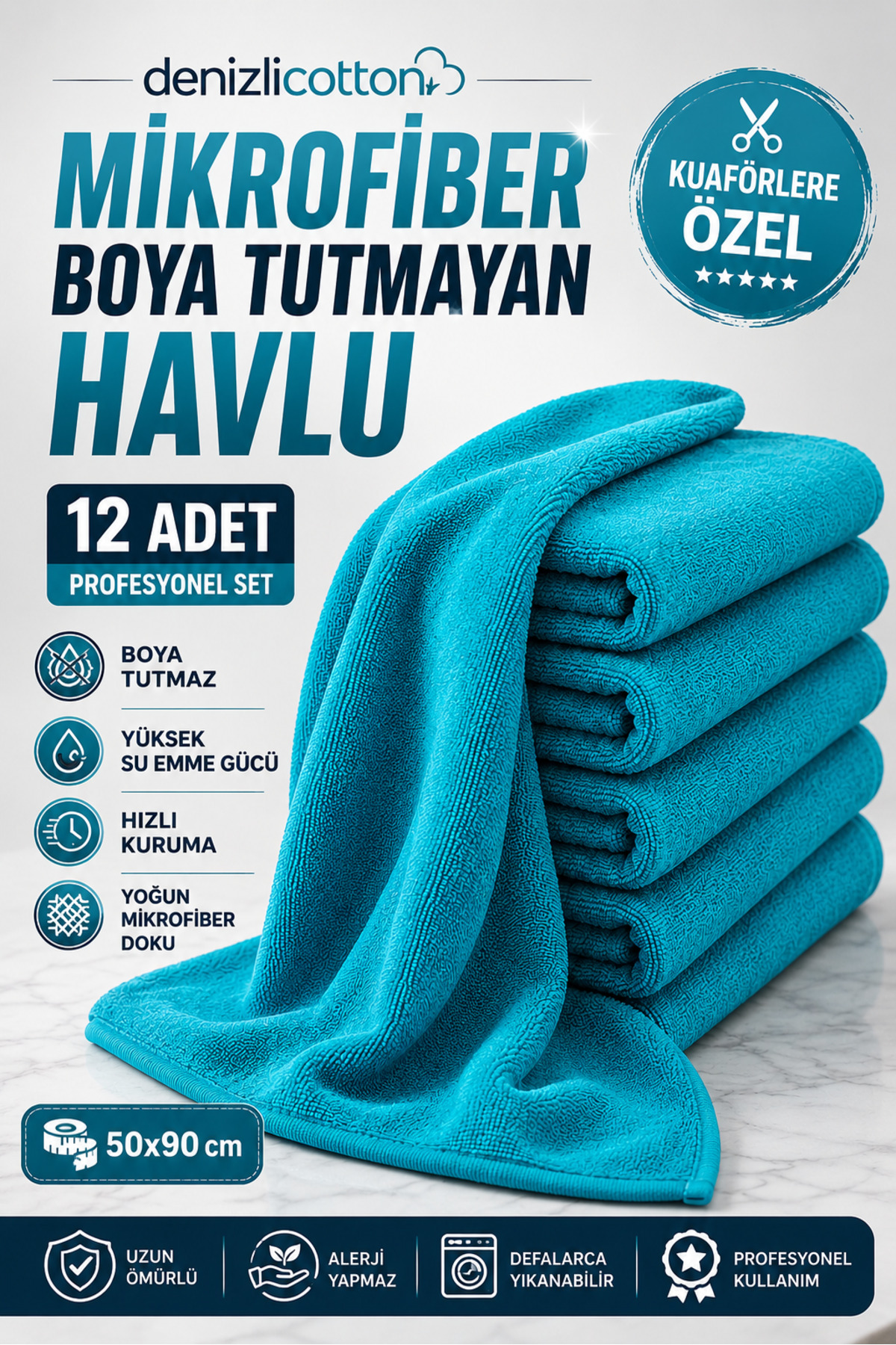 Hair Dye-Resistant Microfiber Hair Towel for Hairdressers 50x90 cm 12-Piece Professional Set