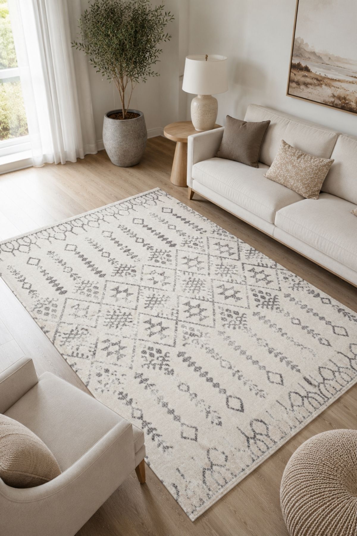 Scandinavian Patterned Washable Non-Slip Base Chenille Cream Vestibule Rug 4040