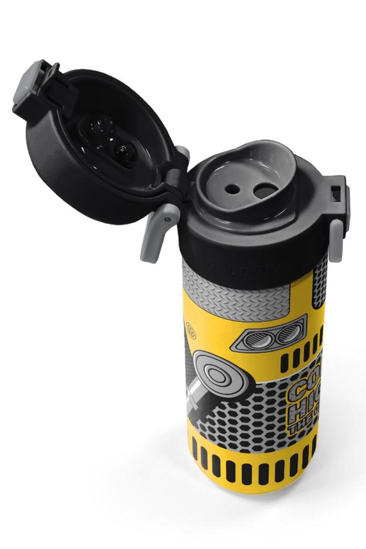 Kids Sarı Siyah Robot Desenli Pipetli ve Direkt İçim Çelik Termos 500 ml 31862