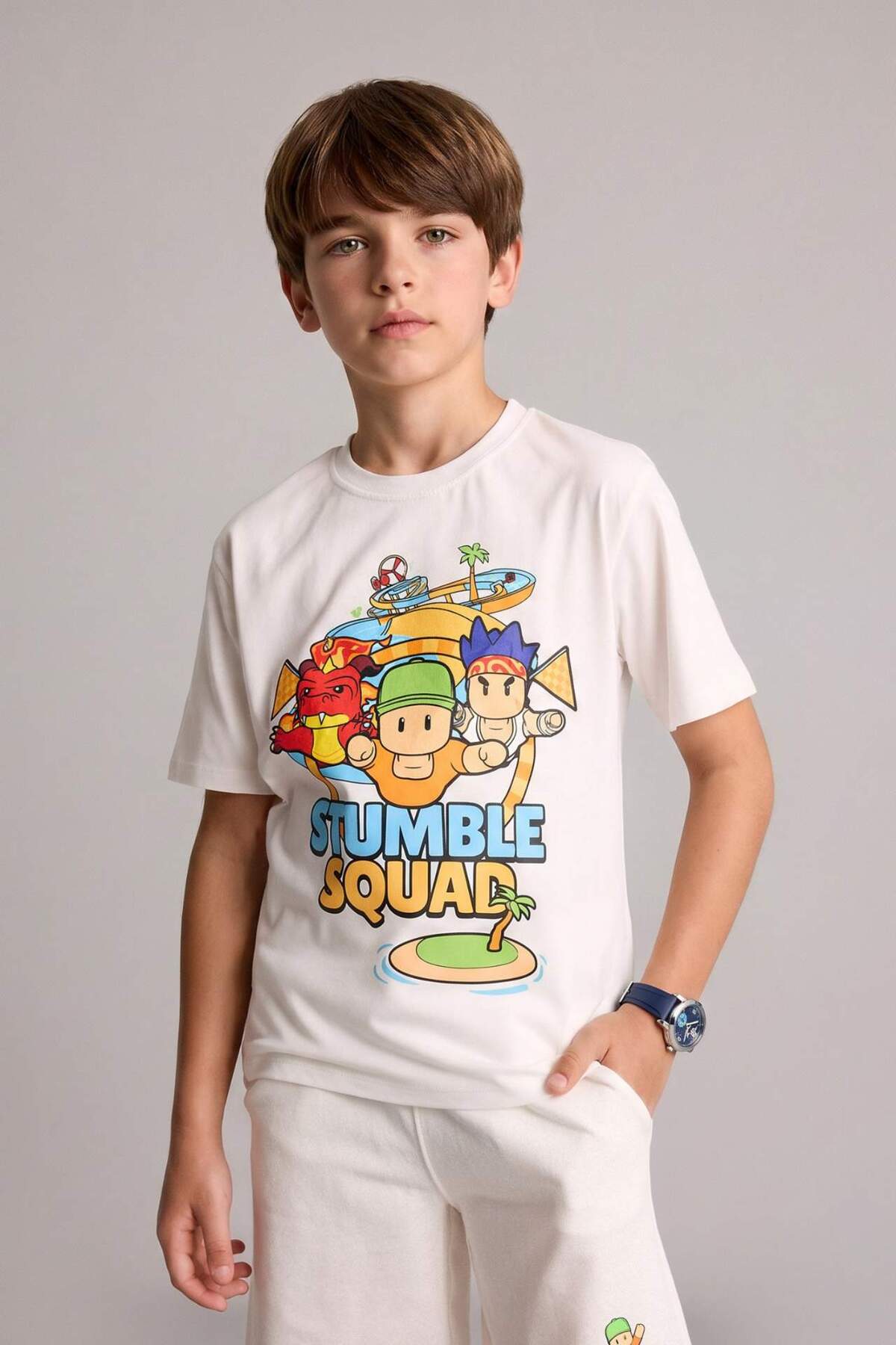 تی‌شرت مردانه بچگانه آستین کوتاه یقه گرد Stumble Guys مدل H8306A826HS از 100% پنبه، سایز بزرگ