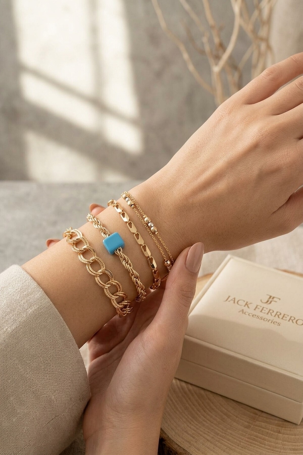 Jack Ferrero 4-Piece Chain Bracelet Combination Set with Gold Color Blue Detail