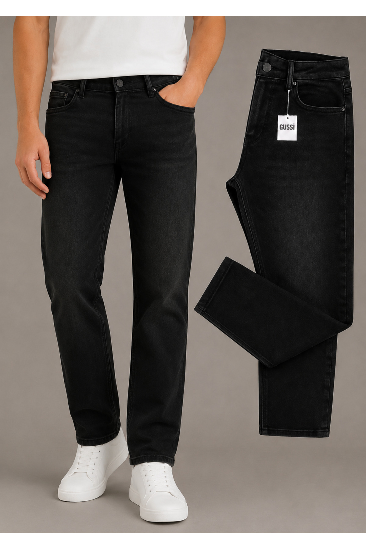 Gussi Erkek Siyah Taşlamalı Regular Boru Paça Esnek Likralı Denim Jeans Kot Pantolon görsel 4