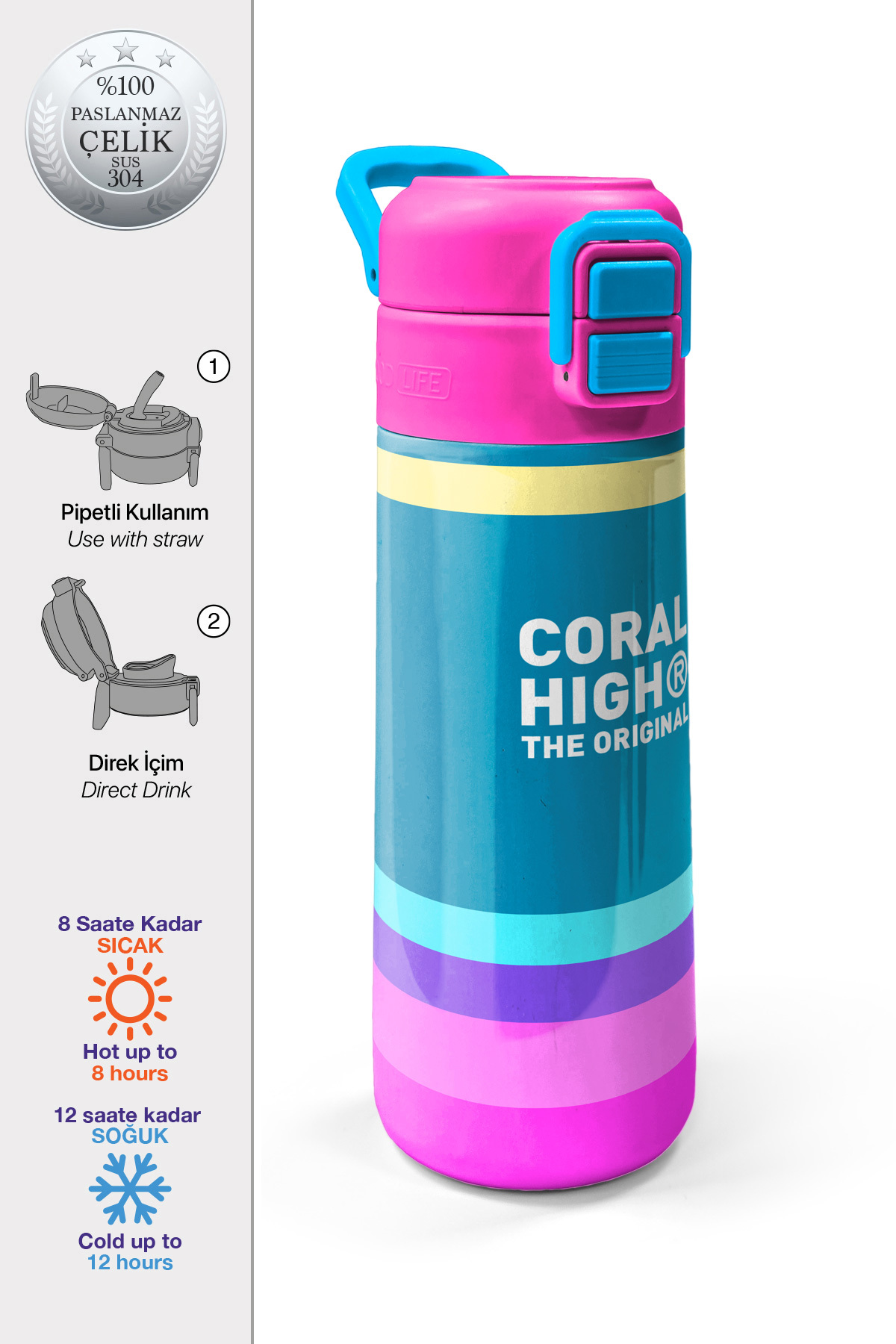 Kids Pembe Pastel Renkli Pipetli ve Direkt İçim Çelik Termos 500 ml 31960